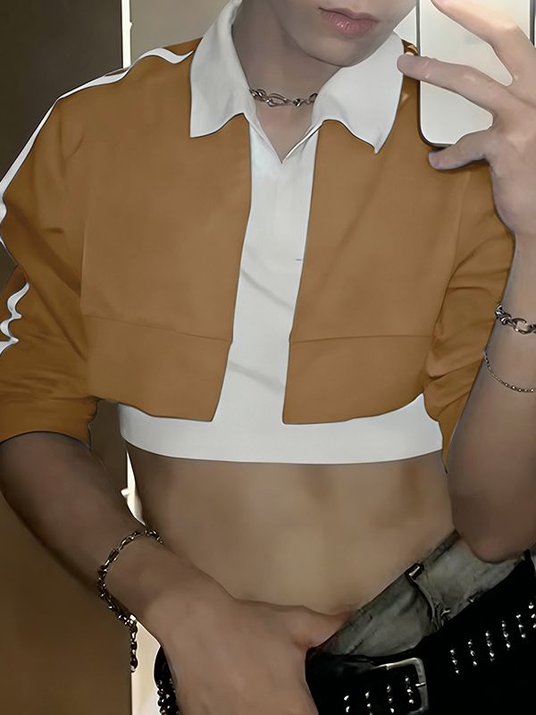 Men's Contrast Color Cropped Lapel Long Sleeve Shirt SKUL50915