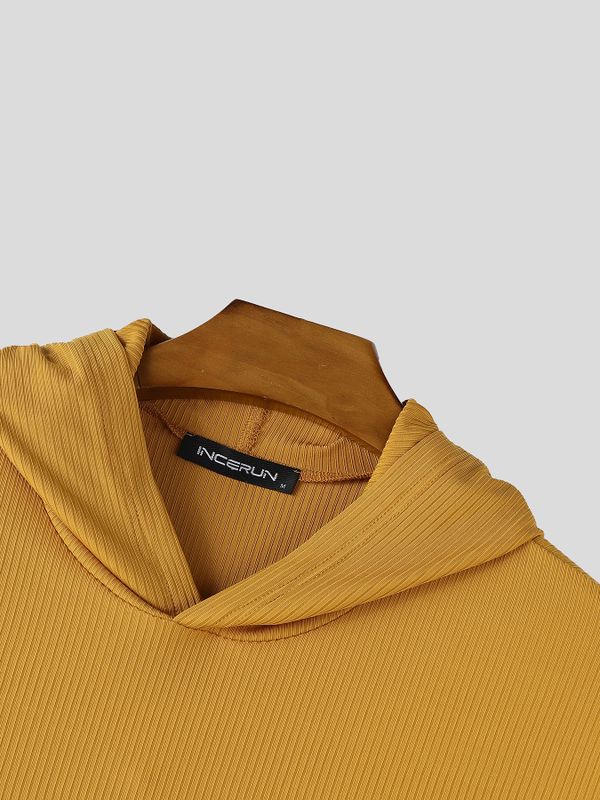 Men's High Street Casual Ribbed Drop Shoulder Hooded Half Sleeve T-shirt SKUL74691