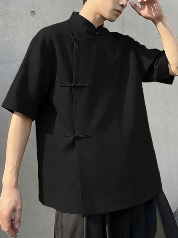 Men's Solid Color Asymmetric Frog Button Loose Shirt SKUL54547