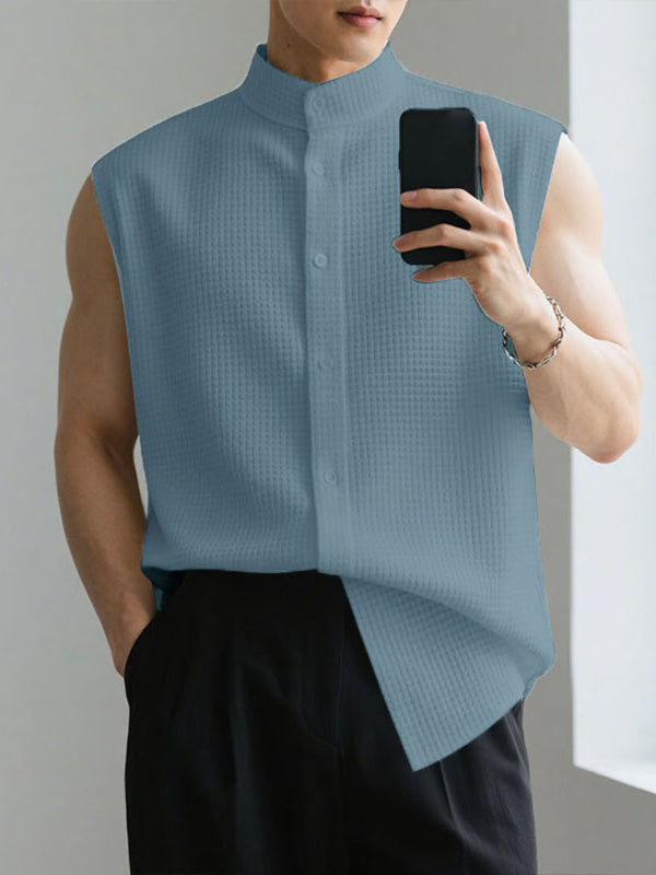 Men's Solid Color Waffle Knit Sleeveless Shirt SKUL22602