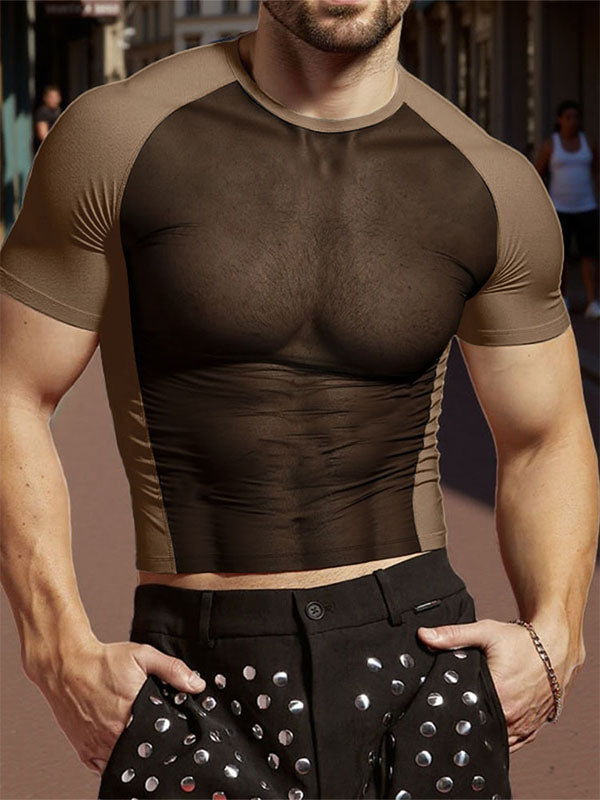 Mens Sheer Mesh Patchwork Short Sleeve T-Shirt SKUL13682