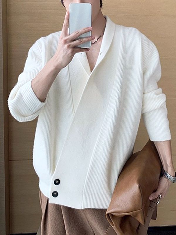 Men's Solid Color Knit Lapel Long Sleeve Cardigan SKUL32792