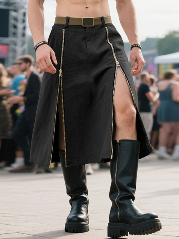 Mens Solid Color Double Zipper Casual Skirt SKUL25726