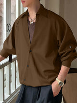 Men's Solid Color Button V Neck Long Sleeve Shirt SKUL41395