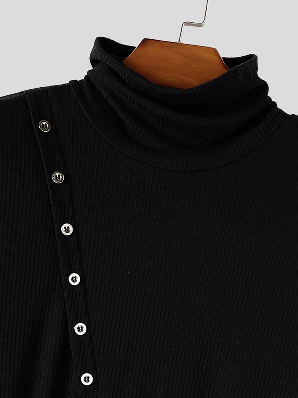 Men's Avant-Garde Diagonal Metal Grommet Buckled Belt Split Hem Long Sleeve Turtleneck T-shirt SKUL81136