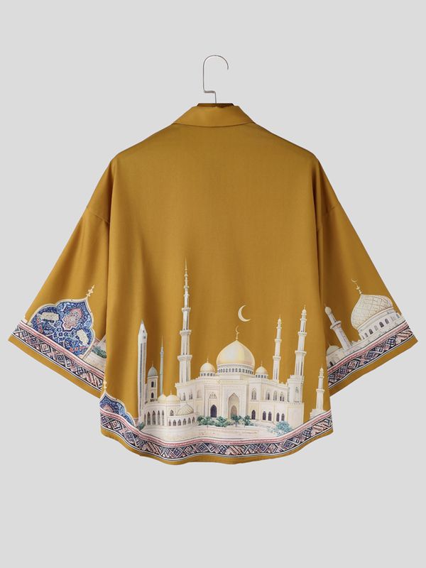 Men's Vintage Avant-Garde Castle Architecture & Crescent Moon Print Short Sleeve Shirt SKUL61998