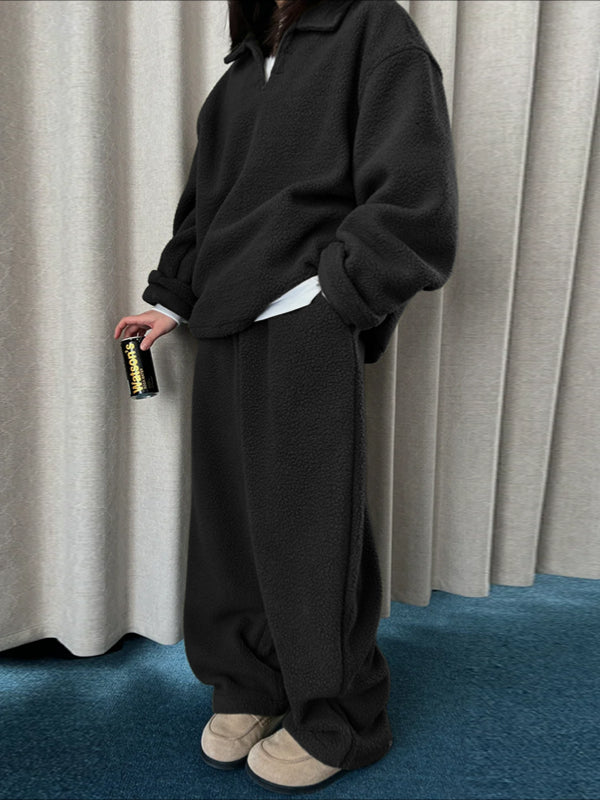 Men's Solid Color Fleece Loose Two Pieces Outfit SKUL38052