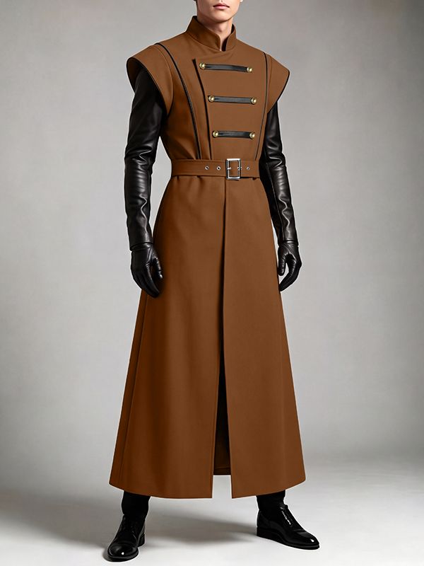 Men's Avant-Garde Runway Military Strap Metal Button Belted Sleeveless Stand Collar Floor Length Waistcoat SKUL81730