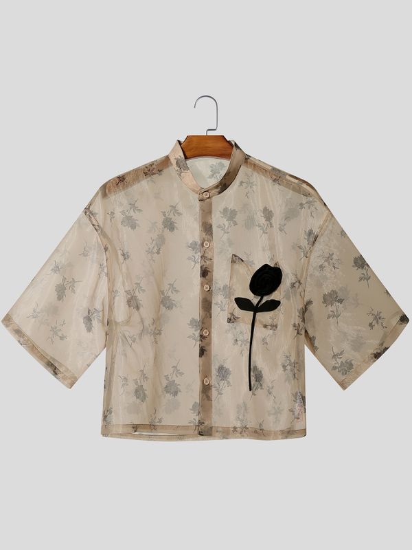 Men's Avant-Garde Sheer Floral Organza 3D Rose Appliqué Stand Collar Boxy Cropped Shirt SKUL75793