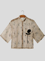 Men's Avant-Garde Sheer Floral Organza 3D Rose Appliqué Stand Collar Boxy Cropped Shirt SKUL75793