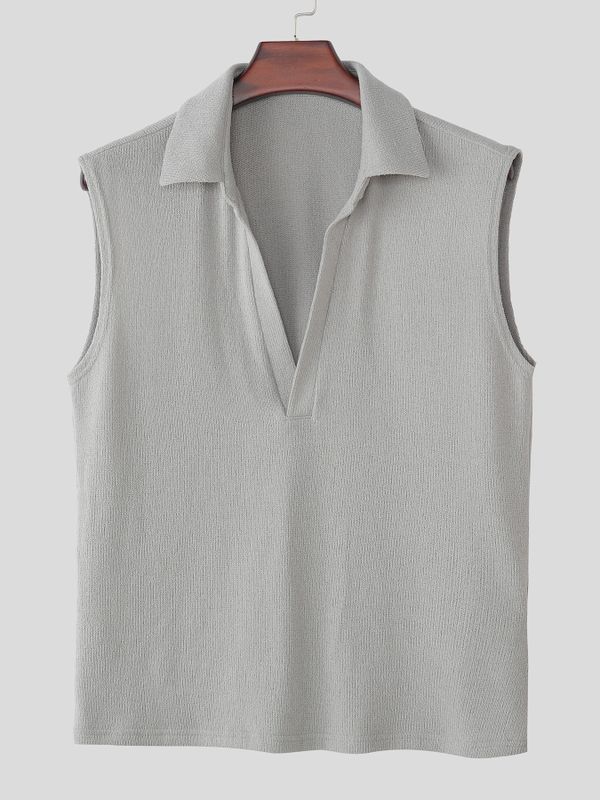 Men's Avant-Garde Retro Open Placket Deep V-Neck Ribbed Fitted Sleeveless Polo Tank SKUL73668