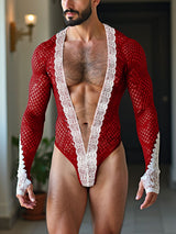 Men's Sheer Mesh Lace Patchwork Bodysuit SKUL22255