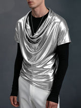 Men's Shiny Cowl Neck Short Sleeve T-Shirt SKUL40150