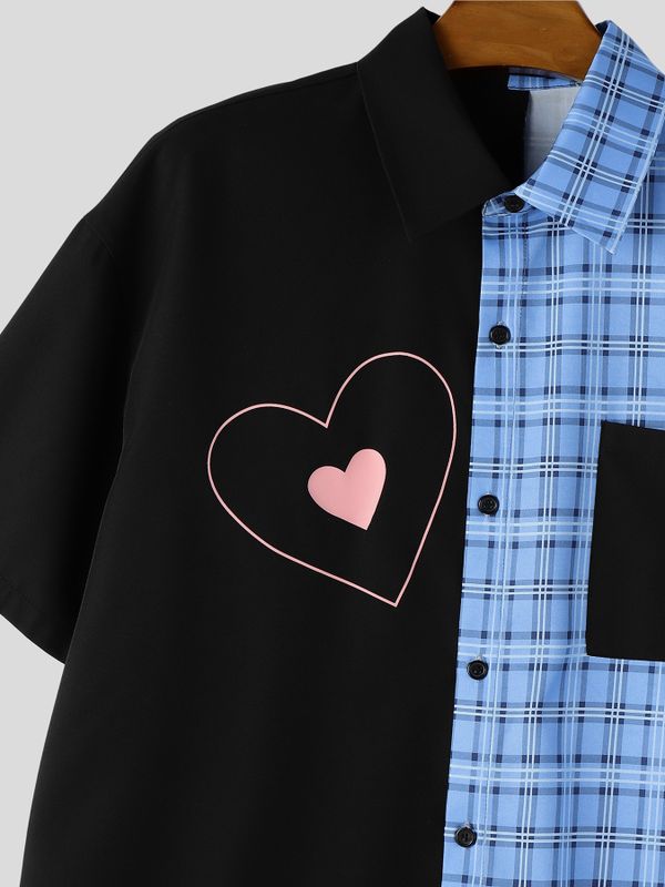 Men's Japanese Harajuku Streetwear Contrast Plaid Color-Block Heart Graphic Short Sleeve Shirt SKUL68889