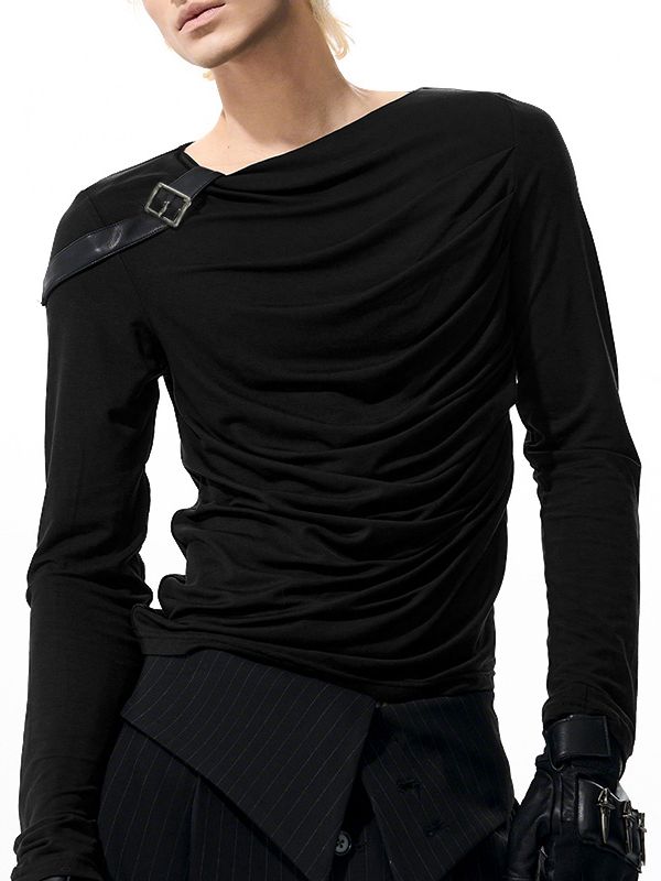 Men's Solid Color Leather Buckle Patchwork Long Sleeve T-shirt SKUL42293