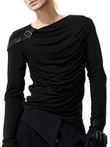 Men's Solid Color Leather Buckle Patchwork Long Sleeve T-shirt SKUL42293