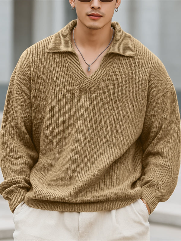 Men's Solid Color Knit Lapel Long Sleeve Sweater SKUL30274