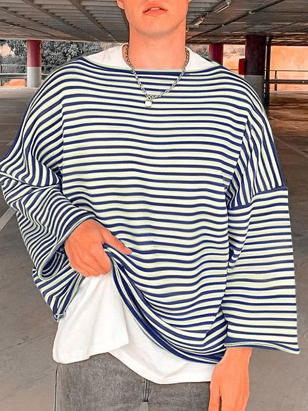 Men's Stripe Knit Loose Long Sleeve T-shirt SKUL43916