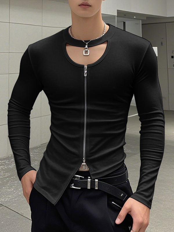 Mens Irregular Hem Hollow Long Sleeve T-shirt SKUK98998