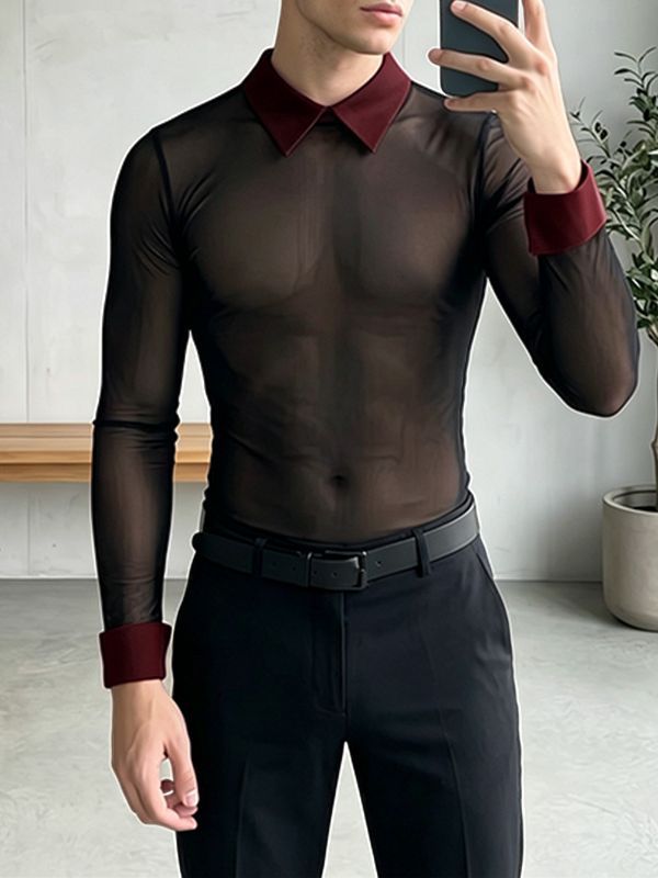 Men's Avant-Garde Sheer Mesh Contrast Collar Long Sleeve Shirt SKUL77323