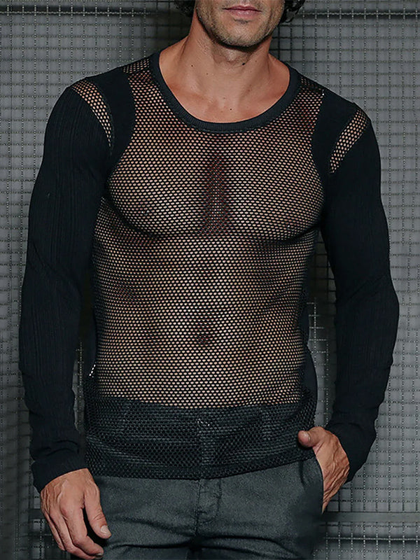 Mens Sheer Mesh Panel Long-Sleeve T-Shirt SKUK89177