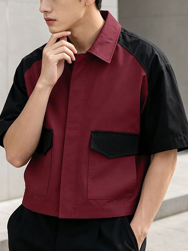 Men's Japanese City Boy Style Color-Block Short Sleeve Shirt SKUL76782