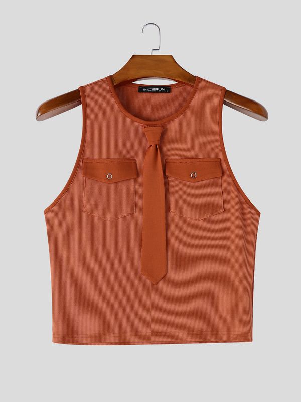 Men's Avant-Garde Tie Detail Cropped Ribbed Fitted Muscle Cargo Tank SKUL69668