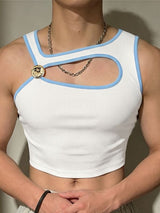 Men's Avant-Garde Genderless Contrast Binding Metal Button Chest Cutout Cropped Fitted Tank SKUL72439