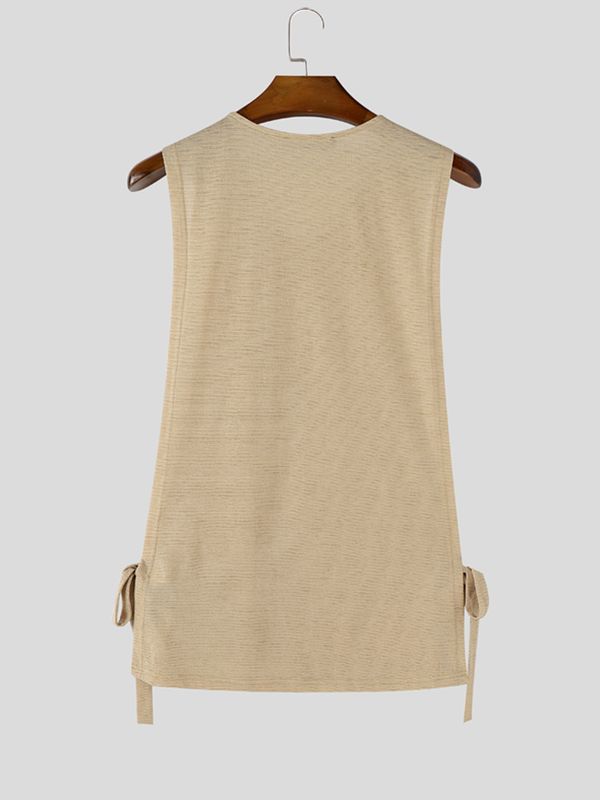 Men's Casual Streetwear Textured Open Side Split Tie Up Sleeveless Tank SKUL63644