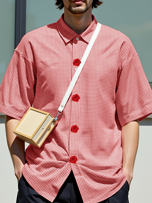 Mens 3D Floral Patchwork Plaid Half Sleeve Shirt SKUL08477