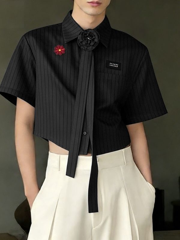 Men's 3D Floral Necktie Cropped Pinstripe Short Sleeve Shirt SKUL55375