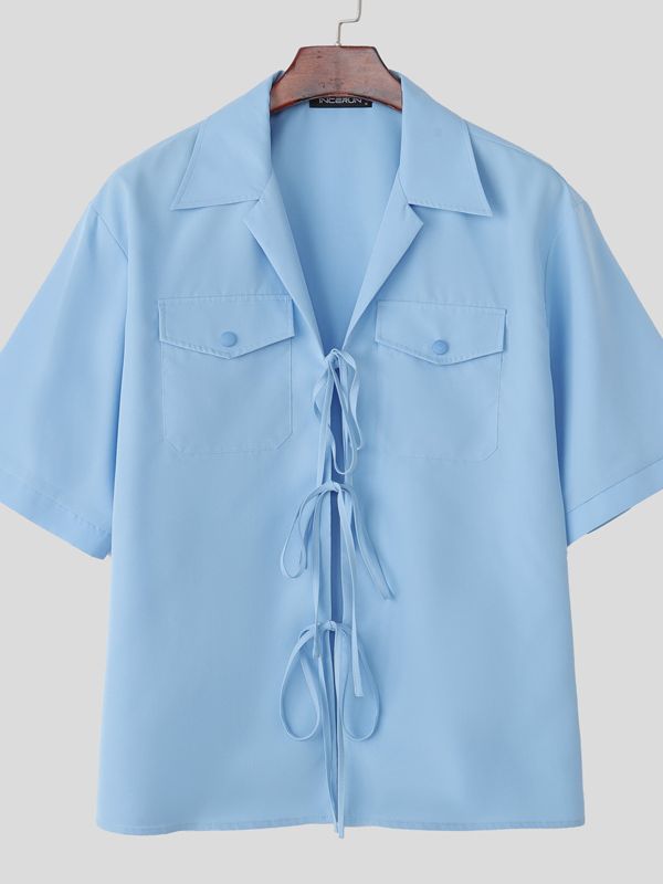 Men's Tie Patchwork Pocket Short Sleeve Shirt SKUL41241