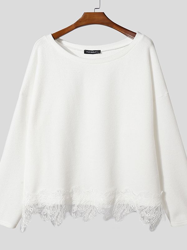 Men's Sheer Lace Patchwork Off Shoulder Long Sleeve T-shirt SKUL43611