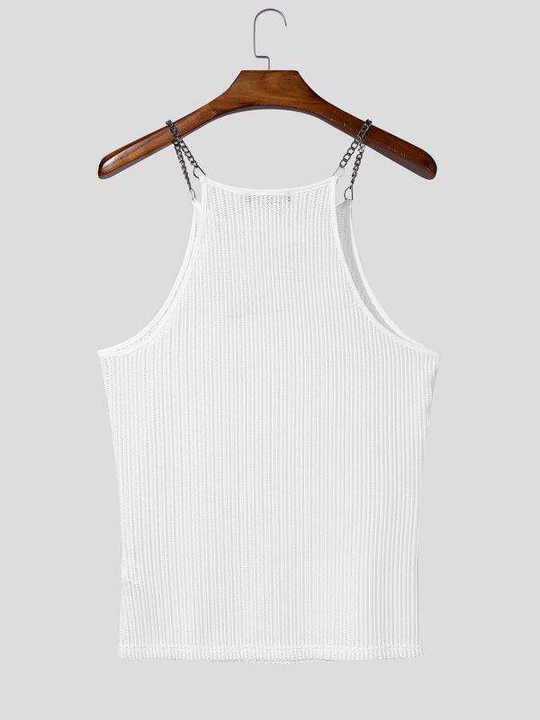 Men's Clubwear Metal Chain Strap Sheer Mesh Zigzag Knit Square Neck Slim Fit Tank SKUL68396