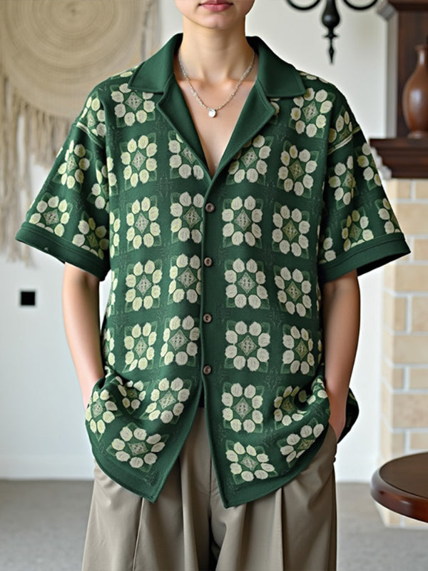 Mens Windowpane Pattern Patchwork Short Sleeve Shirt SKUL15604