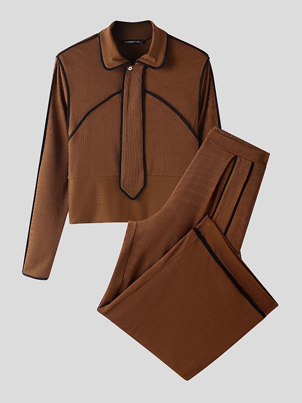 Men's Color Block Outlined Line Two Pieces Outfit SKUL43646