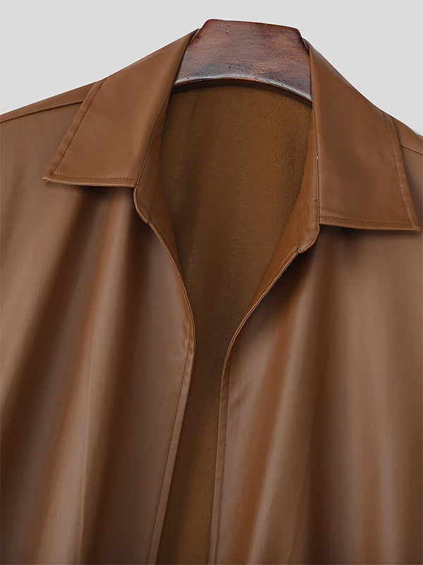 Men's Solid Faux Leather Lapel Short Sleeve Cardigan SKUL26034