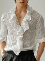 Mens Striped Ruffle Half Sleeve Shirt SKUK74907