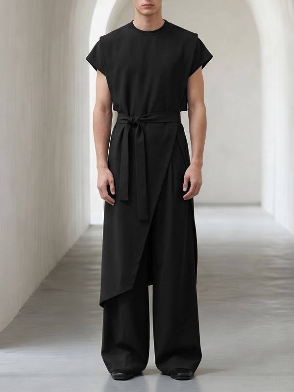 Men's Avant-Garde Asymmetric Wrap Split Longline Two Pieces Outfit SKUL67011
