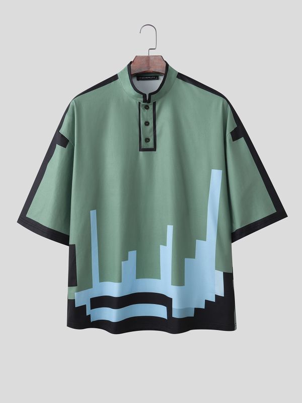 Men's Cyberpunk Pixel Art Style Pixel Graphic Print Mock Neck Button Short Sleeve T-shirt SKUL60730