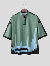 Men's Cyberpunk Pixel Art Style Pixel Graphic Print Mock Neck Button Short Sleeve T-shirt SKUL60730