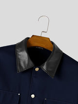 Men's Retro Workwear Daily Commute Contrast Leather Collar Flap Pocket Cropped Jacket SKUL84769