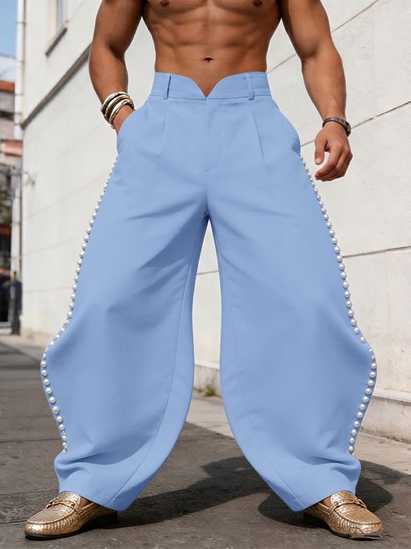 Men's Avant-Garde Pearl Beaded Side Slit High Waist Wide Leg Pant SKUL68004