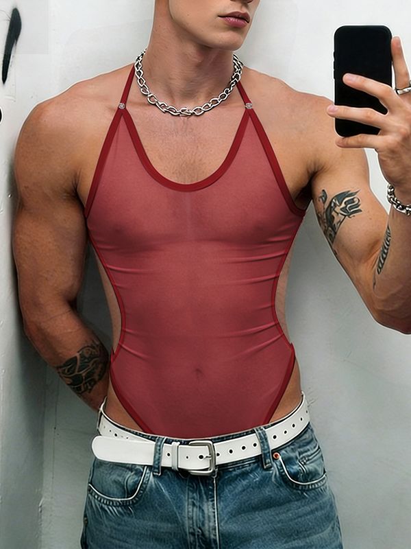 Men's Avant-Garde Sheer Mesh Halter Neck Bodysuit SKUL56223