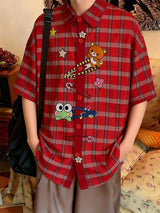 Men's Harajuku Kawaii Cartoon Bear Frog Plaid Short Sleeve Shirt SKUL59521