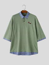 Men's Vintage Preppy Faux Twinset Contrast Plaid Collar Cute Animal Embroidered Polo Shirt SKUL68994