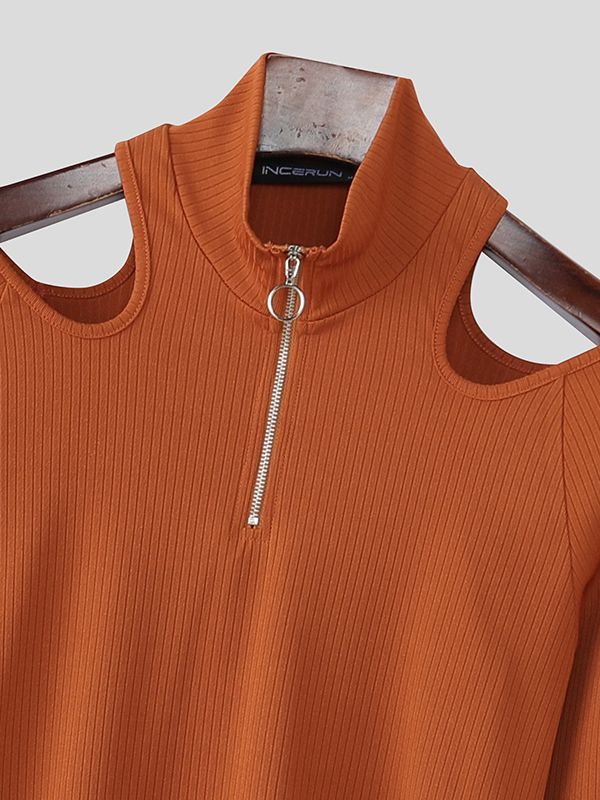 Men's Cut-Out Design Zipper Long Sleeve T-shirt SKUL46434