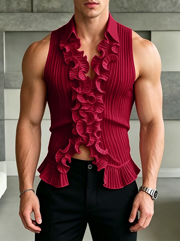 Men's Avant-Garde Pleated Ruffle Trim Deep V-Neck Lapel Tank SKUL60600
