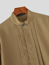 Men's Solid Color Pleated Stand Collar Short Sleeve Shirt SKUL56231