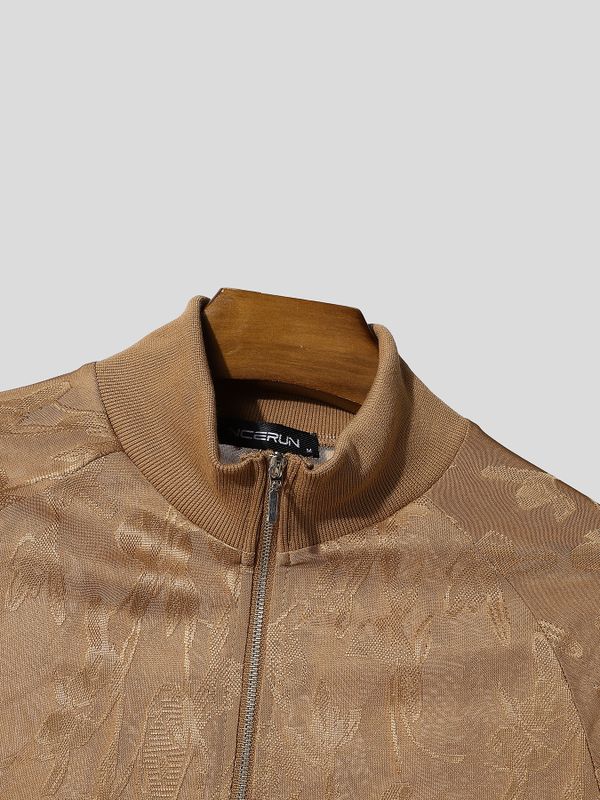 Men's Quiet Luxury Jacquard Floral Metal Quarter Zip Short Sleeve Mock Neck T-shirt SKUL83509